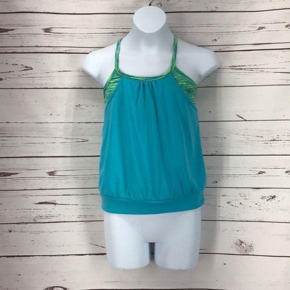 Xersion Quick-Dri‎ Girls Tank Top Teal Blue Lime Green Space Dye Size S 7/8